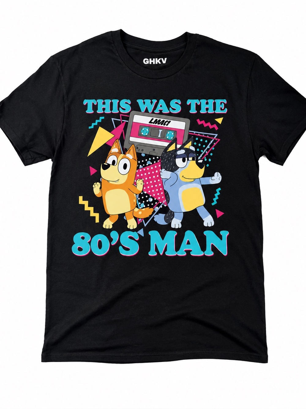 Bluey men’s Black Graphic Tee with Turquoise, Yellow & Pink Retro Print